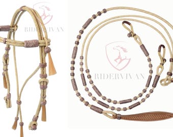 Romel Reins 20 plait With Rawhide Headstall Set, Regular 55&quot; Rawhide Romal Reins, Chestnut Cherry Rawhide Romal Reins With Headstall Set.