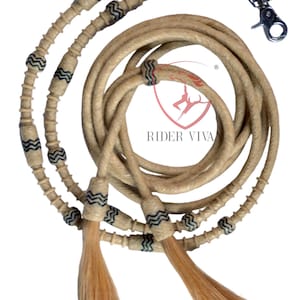 16 Plait Split Reins, Split Reins Natural Rawhide & Dark Brown Weaving, Split Reins With Snaps and Tassels.