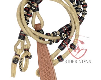 Riendas Romal de cuero crudo de vaca, hechas a mano, color natural y negro, 55"