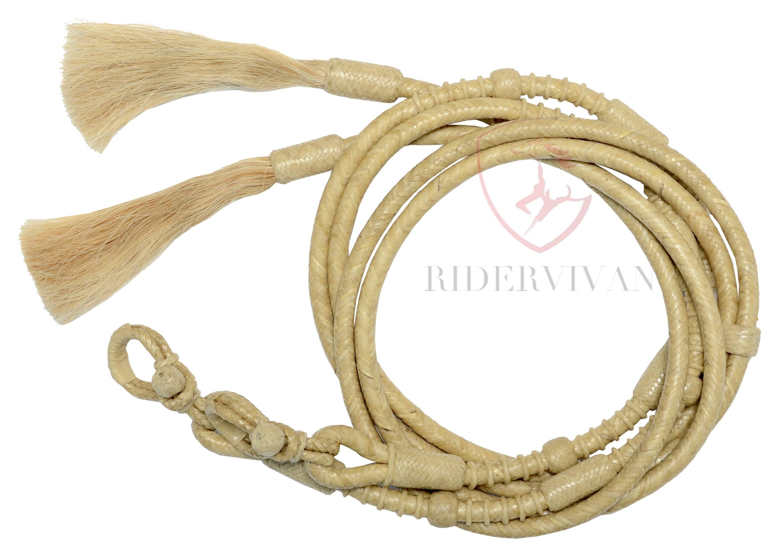 Rênes Fendues Tressées En Cuir Brut Rider-Hub, 84 Pouces, Glands Poils De Cheval