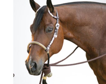 Western Bosal 32 Plaits Rawhide Natural & Black With Horse Hair Mecate Reins Western Bosal 32 Plaits Rawhide Natural & Black With Horse Hair Mecate Reins