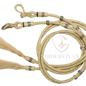 Horse Split Reins, Split Reins Natural Rawhide & Dark Brown Weaving, Split Reins With Horse Hair Tassels, Hand Braided Split Reins.