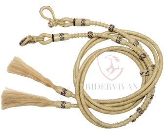 Split Reins 20 plait, Split Reins Natural Rawhide & Dark Brown Weaving, Split Reins With Horse Hair Tassels.