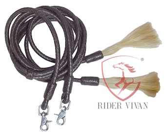 Rênes Fendues Tressées En Cuir Brut Naturel – 84 Pouces – Glands Poils De Cheval – Rider-Hub