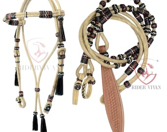 Romel Reins 20 plait With Rawhide Headstall, Regular 55&quot; Rawhide Romal Reins, Natural & Black Rawhide Romal Reins With Headstall.