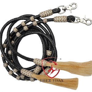 Split Reins Soft Leather, Dark Chocolate Brown & Natural Knot Split Reins, 8 Plaits Split Reins With Snaps and Tassels.