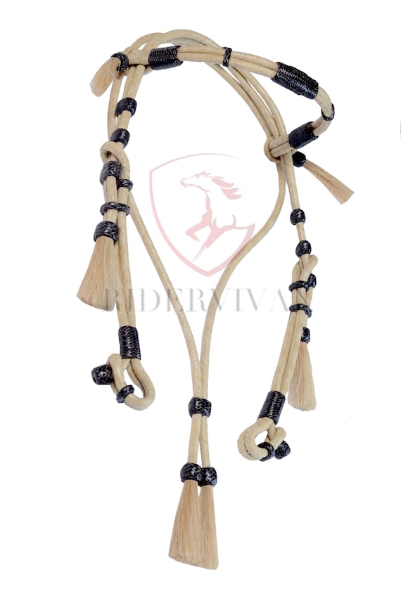 Hand-Braided Rawhide Horse Headstall, Mane Hair Tassels, 16 Plaits