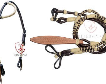 Hand-Braided Romal Reins With Headstall, Romal Reins With One Ear Headstall, Romal Reins 10 Plaits, Romal Reins 55&quot; with rein connectors,