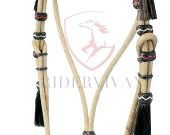 Hand-Crafted Rawhide Headstall, Black Knotted, Horse Hair Tassels