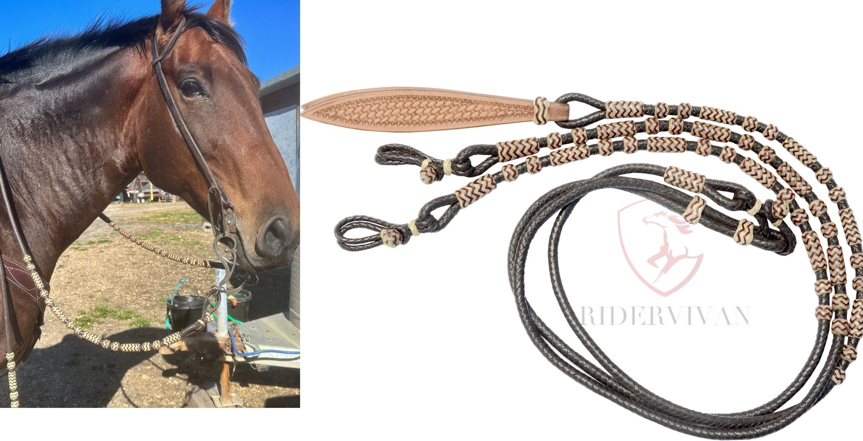 Hand-Braided Romal Reins, Brown Romel Reins 10 Plaits, Romal Reins Regular 55