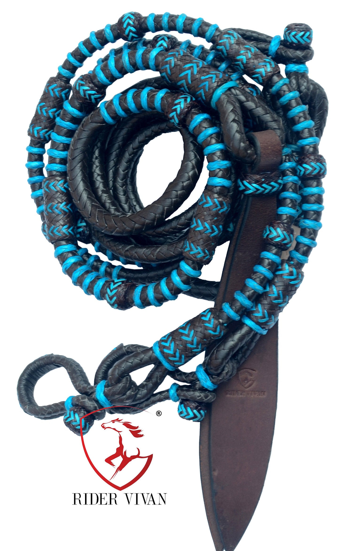 Rênes Romales Rider Vivan – Turquoise Et Marron – 10 Tresses – Cuir – 55''