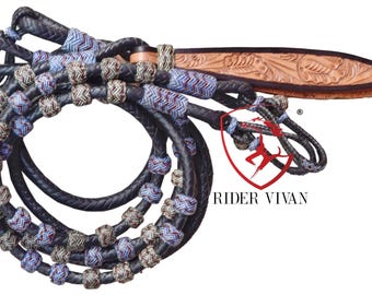 Riendas Romal de cuero marrón, 139 cm de largo, botones decorados multicolores, tejido anudado