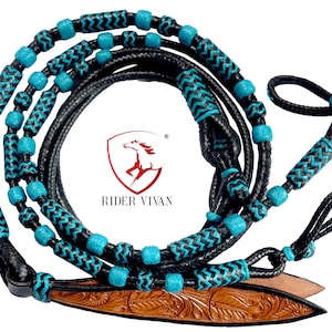 10 Plaits Soft Cow Leather Rommel Reins, Romal Reins Black Soft Leather, 55&quot; Reins With Connectors, Specially Hand-Crafted Braided Reins.