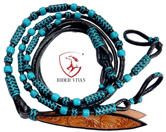Riendas Romal de cuero trenzado con detalle de nudo turquesa, 140 cm