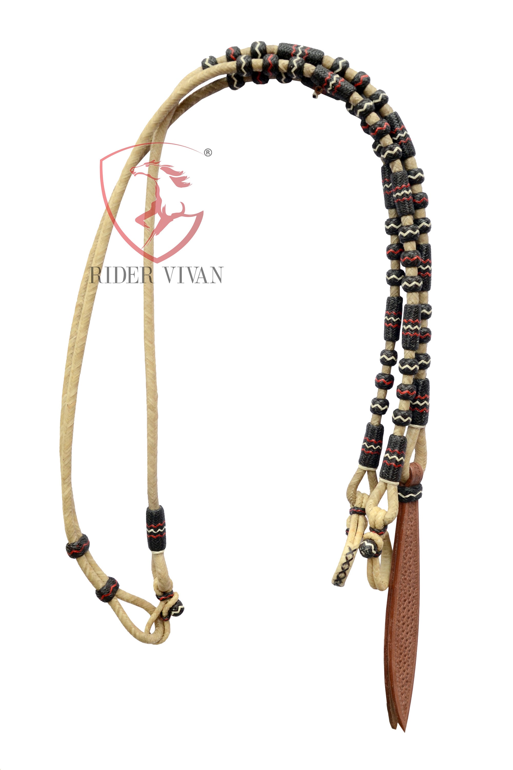 Rênes Rommel Tressées Main Noir Et Naturel - Cuir Brut De Vache - Rider Vivan
