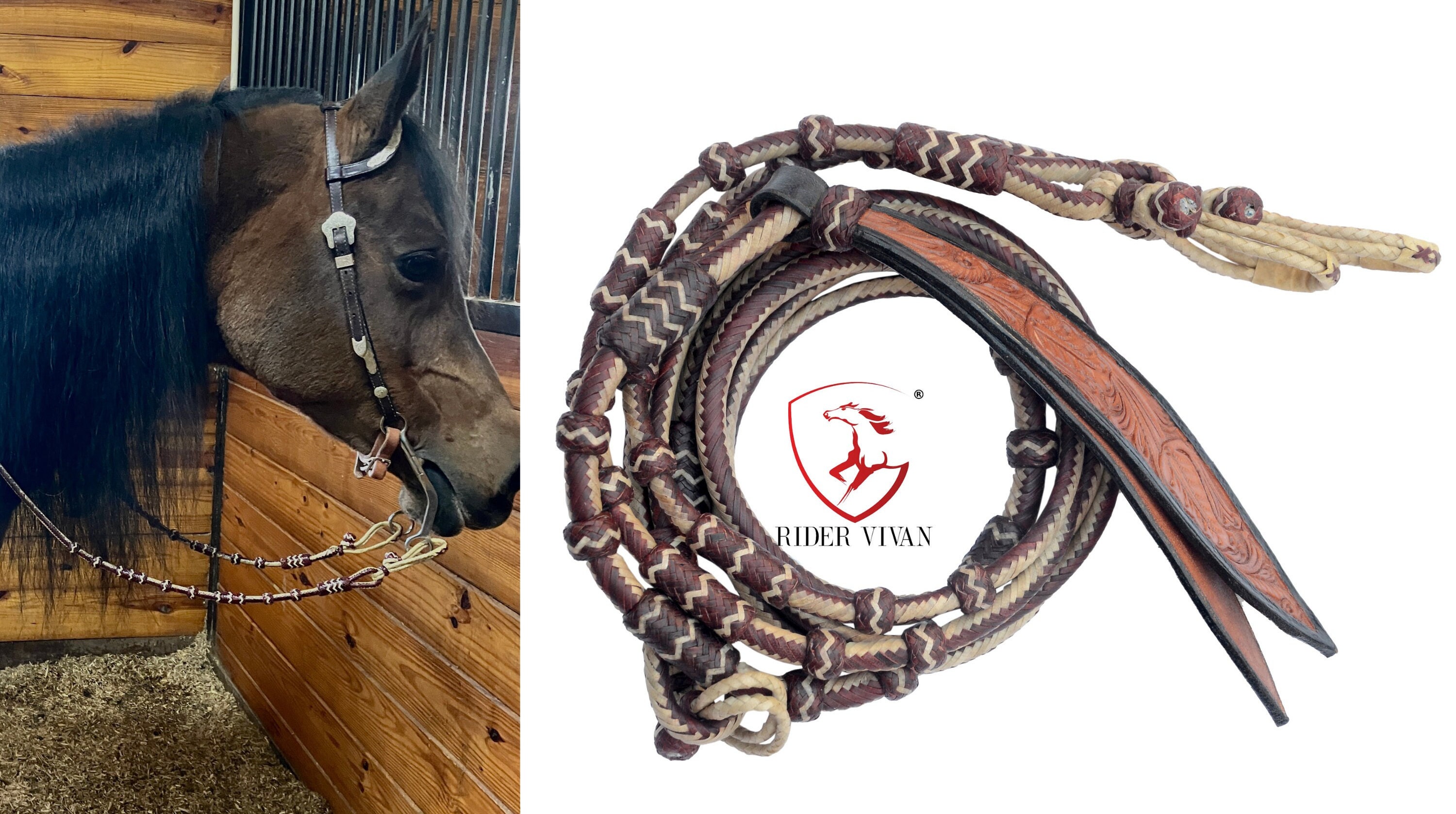 20 Plaits Romal Reins, Romal Reins Chestnut Cherry & Natural Rawhide, 55" With Reins Connectors, Specially Hand-Crafted Braided Reins