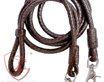 Hand Braided Leather Roping Reins, Western Dark Brown with Trigger Snap