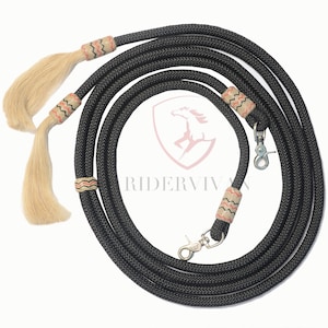 Nylon Split Reins With Knot, Black Polyester Split Reins with Snaps, Split Reins With Horse Hair Tassels.