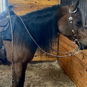 20 Plaits Romal Reins, Romal Reins Chestnut Cherry & Natural Rawhide, 55&quot; Hand Braided Reins With Connectors, Sale For Only Romal Reins.