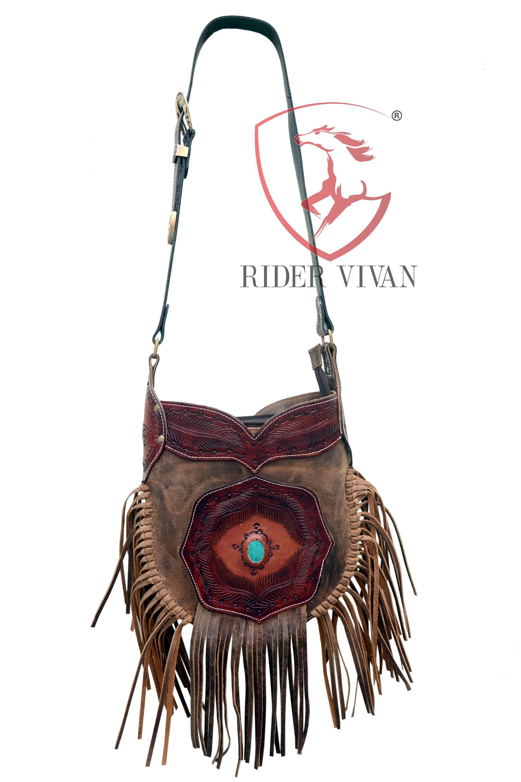 Megan - Tote with Boho Fringe, Braided Handle Chocolate / Turquoise Pendant