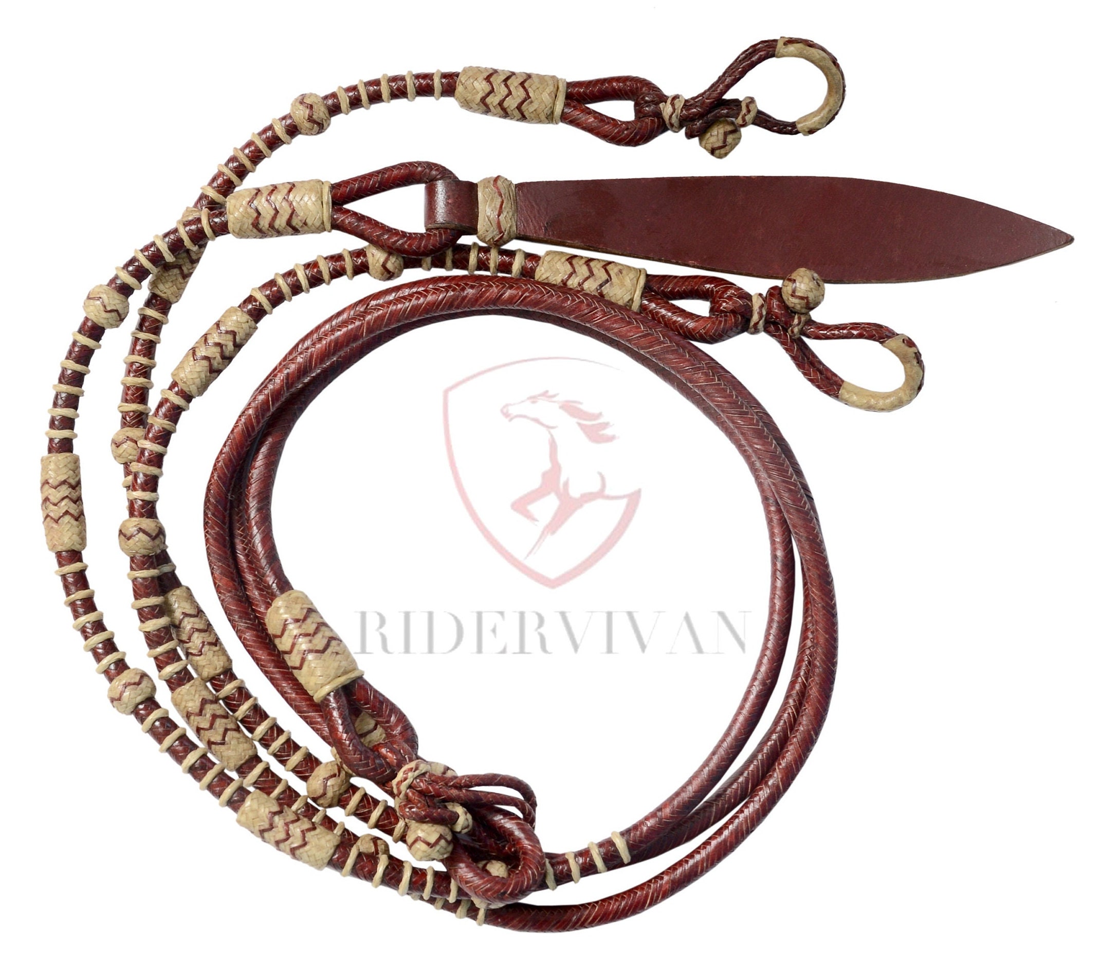 20 Plaits Romal Reins California Style, Romal Reins Chestnut Cherry Rawhide, 55" With Reins Connectors, Specially Hand-Crafted Braided Reins