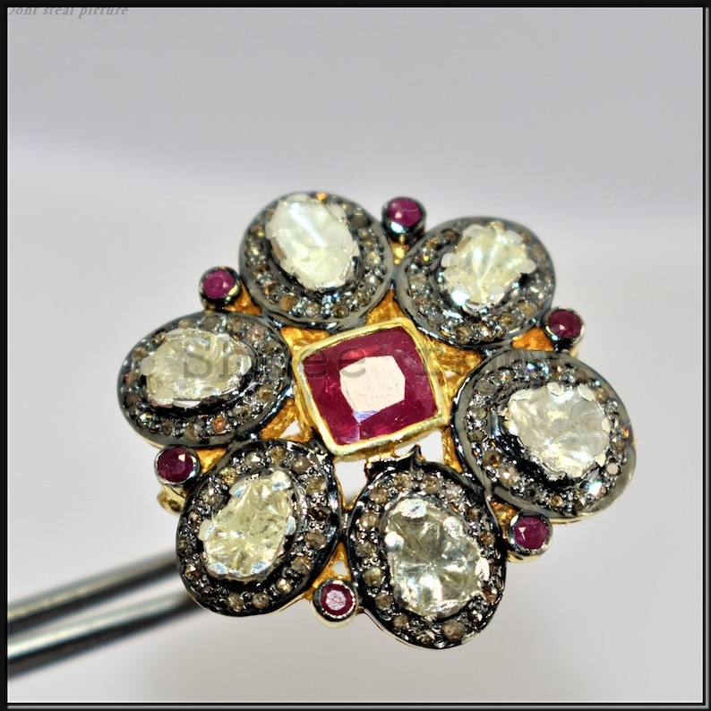 925 Silver Handmade Victorian Jewelry Gift For Her Polki /& Pave Diamond Ring Fine Ring Ruby Gemstone Ring