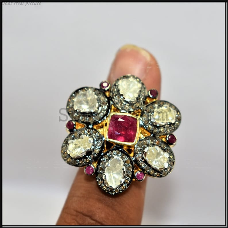 925 Silver Handmade Victorian Jewelry Gift For Her Polki /& Pave Diamond Ring Fine Ring Ruby Gemstone Ring