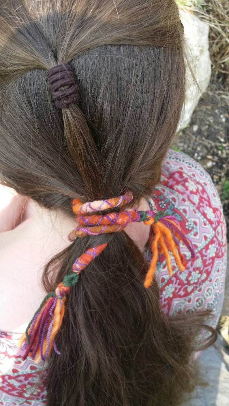 Boho dreadlock wrap tie felted wool dread flexible bendable hair tie synthetic dreads hippie gypsy hair accessory wire core wool tieback