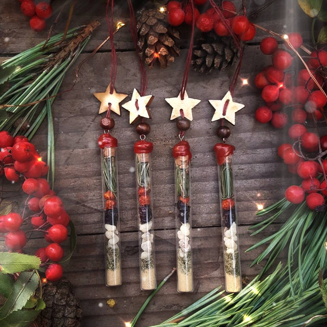 Yule Herb Bottle Spell Vial Birch Wood Star Witchcraft Altar Ornament Winter Solstice Christmas