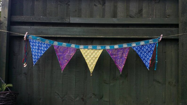 Luxury Indian inspired bunting flags boho gypsy upcycled recycled handmade prayer flag bells beads birthday wedding party garden toran raggy