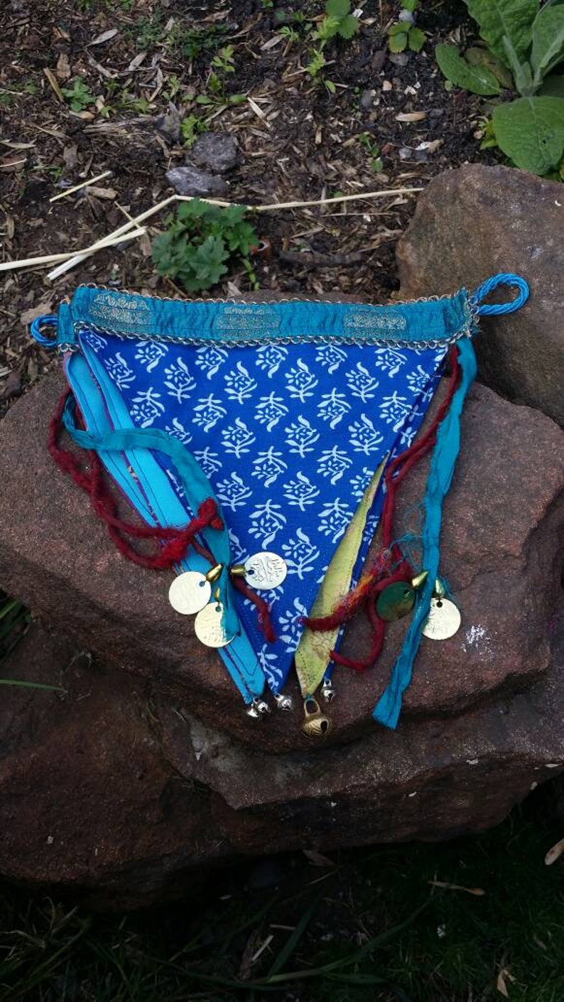 Luxury Indian inspired bunting flags boho gypsy upcycled recycled handmade prayer flag bells beads birthday wedding party garden toran raggy
