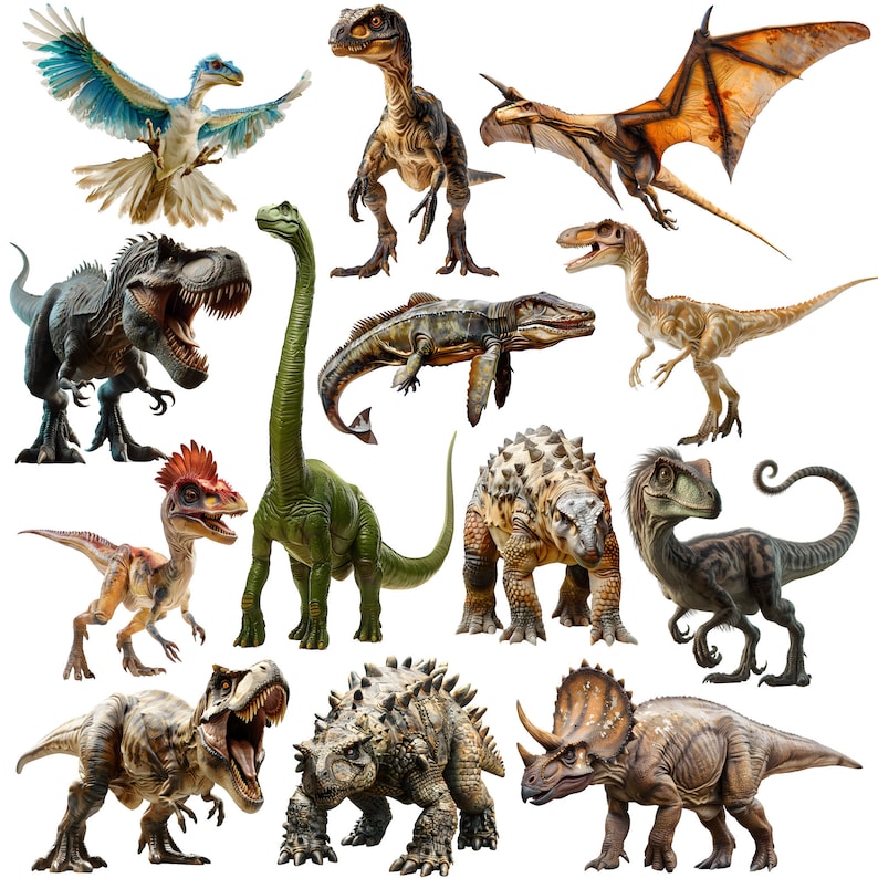 K&ouml;nnte beinhalten: Eine Sammlung von 12 verschiedenen Dinosaurier-Figuren, darunter ein gr&uuml;ner Brachiosaurus, ein brauner Stegosaurus, ein grauer Ankylosaurus, ein brauner Triceratops, ein grauer Velociraptor, ein brauner Pterodactylus, ein grauer Tyrannosaurus Rex, ein brauner Spinosaurus, ein grauer Parasaurolophus, ein brauner Dilophosaurus, ein grauer Compsognathus und ein blauer Pteranodon.