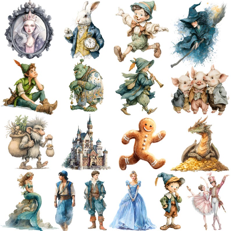 Op de afbeelding: Waterverfillustraties van verschillende sprookjesfiguren, waaronder een koningin in een lijst, een konijn met een zakhorloge, een springende jongen, een heks op een bezem, Peter Pan, een oger, een jongen die fluit speelt, drie varkens, een gnome, een kasteel, een peperkoekman, een draak, een zeemeermin, een prins, een prinses, een jongen met een hoed en twee balletdansers.