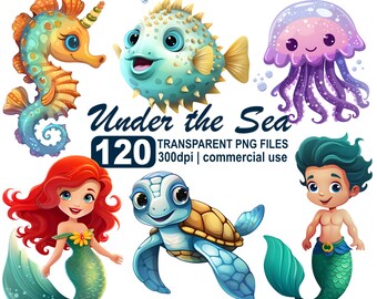 Op de afbeelding: Een set van 120 cartoon-illustraties van zeedieren. De illustraties omvatten een zeemeermin, een zeepaardje, een kogelvis, een schildpad, een kwal en een zeeman. De illustraties zijn in een heldere, kleurrijke stijl en zijn perfect voor gebruik in een verscheidenheid aan projecten.