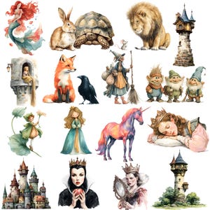 Op de afbeelding: Waterverfillustraties van sprookjesfiguren, waaronder een zeemeermin, konijn, schildpad, leeuw, toren, vos, raaf, heks, kabouters, fee, prinses, eenhoorn, slapende prinses, kasteel en een koningin.