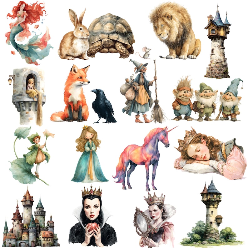 Watercolor Fairy Tale Clipart Bundle of 140 Fairytale Png Images in 300 ...