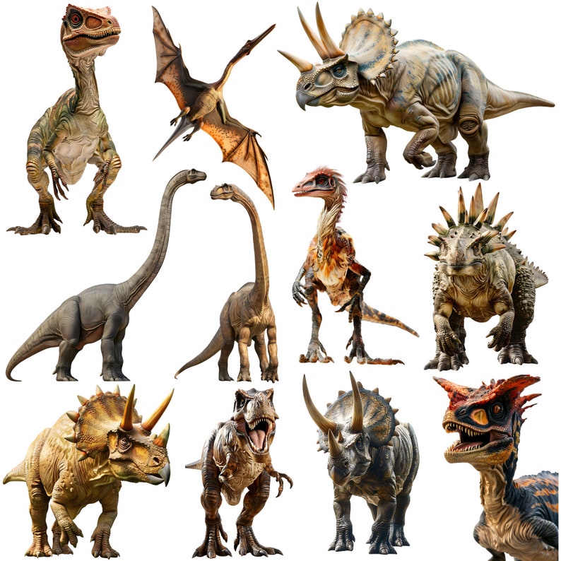 K&ouml;nnte beinhalten: Eine Sammlung von zehn verschiedenen Dinosaurierfiguren, darunter ein Pterodactylus, ein Stegosaurus, ein Triceratops und ein Tyrannosaurus Rex. Die Figuren sind alle aus Kunststoff und in realistischen Farben bemalt.