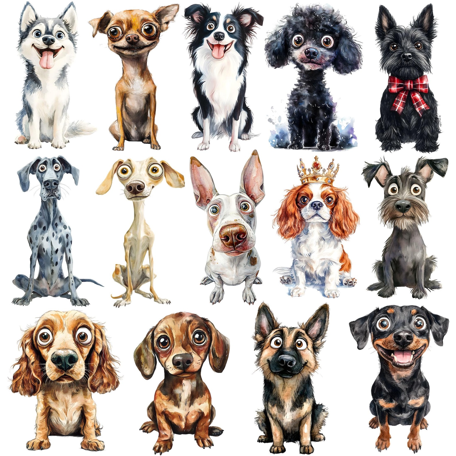Watercolor Quirky Dogs Clipart Bundle, Whimsical Dogs Png, Funny Dogs ...