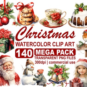140 afbeeldingen Kerst aquarel clipart Mega Pack, leuke kerst decor clipart, 300 dpi transparante PNG Instant Download, commercieel gebruik