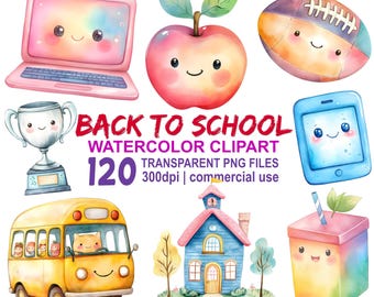 Zurück zu Schule Clipart Bundle, süße Pastell Kawaii Schule PNG, 300 dpi transparente PNG Illustrationen, sofortiger Download, kommerzielle Nutzung