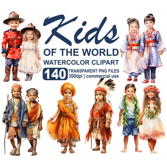 Kids of the World Watercolor Clipart Bundle Children of the World National Costume 300 Dpi Transparent PNG Instant Download Commercial Use Etsy