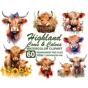 Highland Cow Clipart, Aquarela Clipart, Highland Cow PNG chá de bebê, bebê vaca png, álbum de recortes, diário de lixo, artesanato em papel, uso comercial