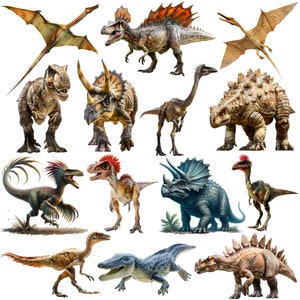 K&ouml;nnte beinhalten: Eine Sammlung von 14 verschiedenen Dinosaurier-Illustrationen, darunter ein Tyrannosaurus Rex, ein Triceratops, ein Stegosaurus, ein Pterodactylus und mehr. Die Dinosaurier sind in verschiedenen Posen dargestellt und vor einem wei&szlig;en Hintergrund platziert.