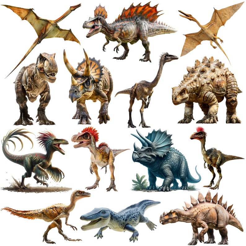 K&ouml;nnte beinhalten: Eine Sammlung von 14 verschiedenen Dinosaurier-Illustrationen, darunter ein Tyrannosaurus Rex, ein Triceratops, ein Stegosaurus, ein Pterodactylus und mehr. Die Dinosaurier sind in verschiedenen Posen dargestellt und vor einem wei&szlig;en Hintergrund platziert.