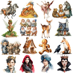 Op de afbeelding: Waterverfillustraties van verschillende sprookjesfiguren en sc&egrave;nes. Bevat een prinses op een paard, een draak, balletdansers, een meisje met beren, een fee, zeven dwergen, een hert, een huisje, trollen, een peperkoeken man, een vos, een raaf, een prins, Roodkapje, een man met een tulband en een koningin.