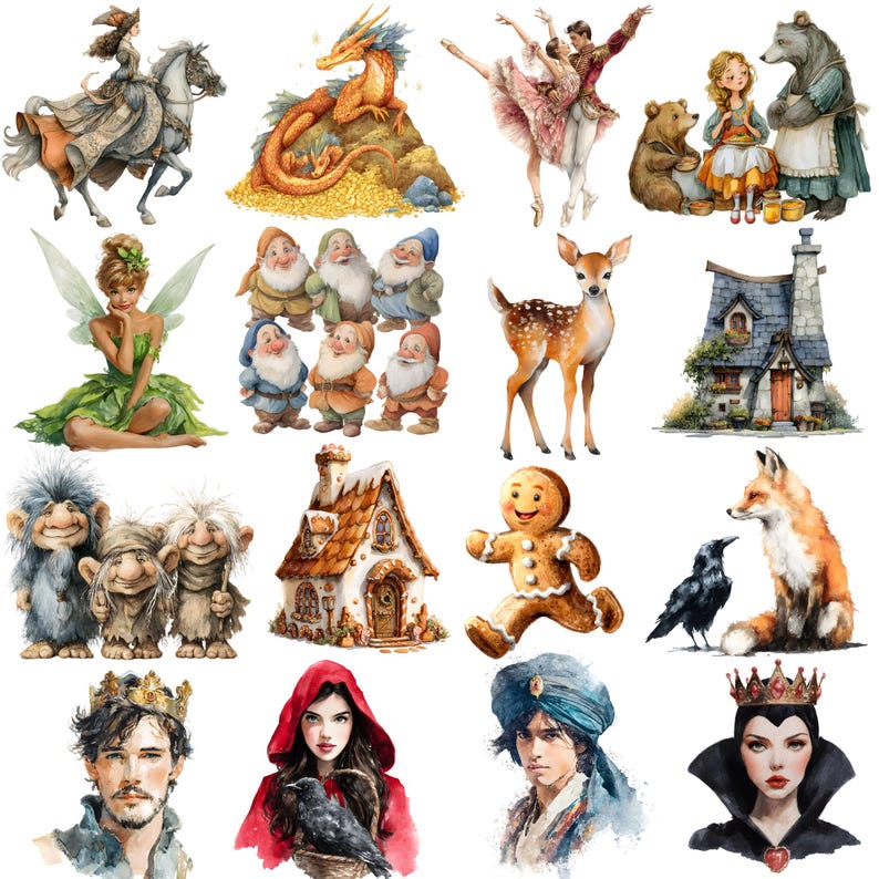 Op de afbeelding: Waterverfillustraties van verschillende sprookjesfiguren en sc&egrave;nes. Bevat een prinses op een paard, een draak, balletdansers, een meisje met beren, een fee, zeven dwergen, een hert, een huisje, trollen, een peperkoeken man, een vos, een raaf, een prins, Roodkapje, een man met een tulband en een koningin.
