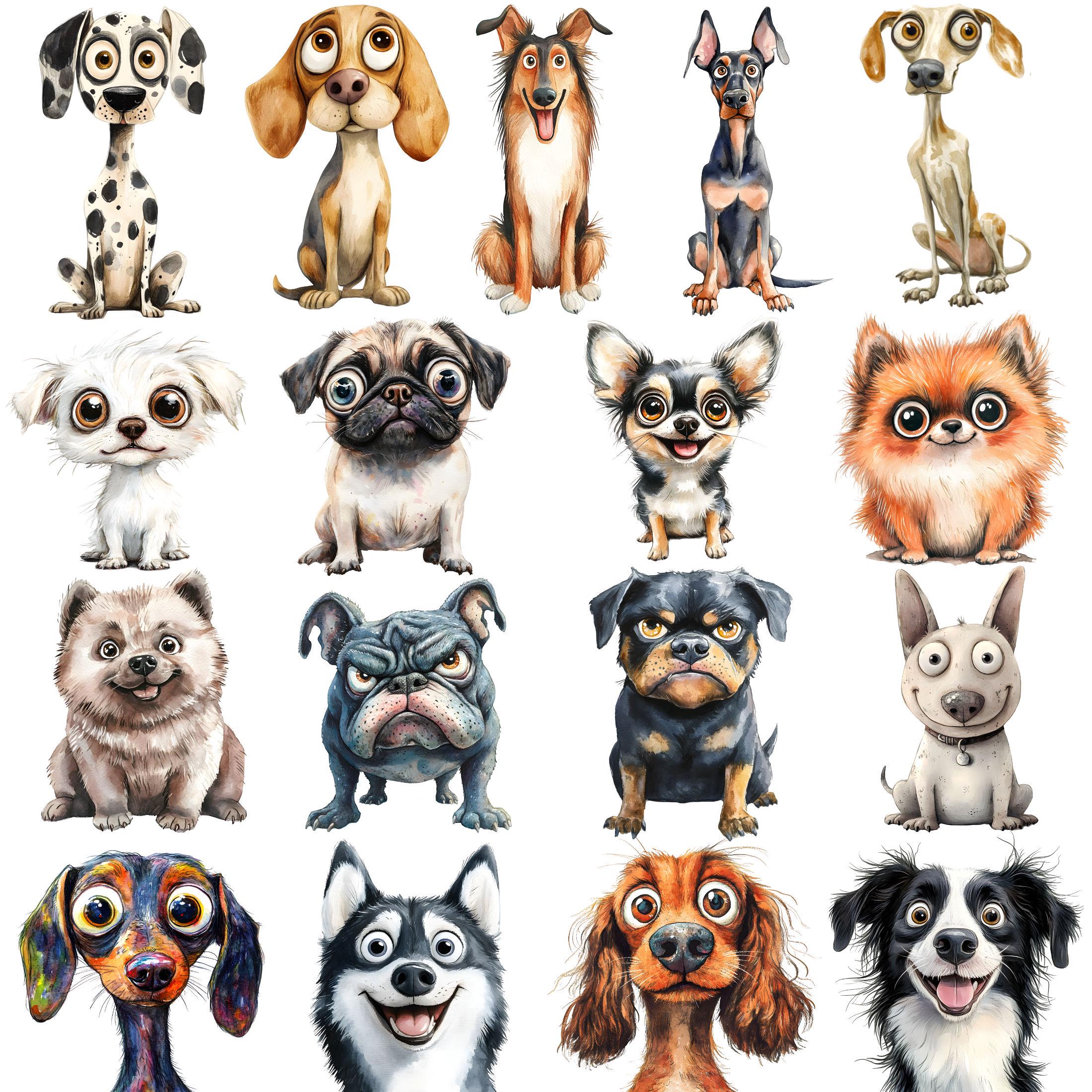 Watercolor Quirky Dogs Clipart Bundle, Whimsical Dogs Png, Funny Dogs ...