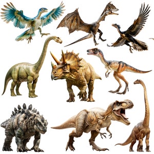 K&ouml;nnte beinhalten: Eine Sammlung von neun Dinosaurier- und pr&auml;historischen Vogelfiguren, darunter ein gr&uuml;ner und brauner Brachiosaurus, ein brauner Triceratops, ein brauner und orangefarbener Tyrannosaurus Rex, ein brauner und orangefarbener Velociraptor, ein brauner Pterodactylus, ein blauer und wei&szlig;er Pterodactylus, ein brauner und wei&szlig;er Vogel, ein brauner und gr&uuml;ner Ankylosaurus und ein brauner und wei&szlig;er Plesiosaurus.