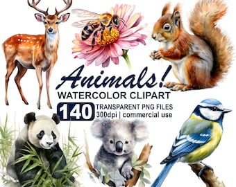 Aquarell Tiere Clipart Bundle, Tiere png, Wildtiere, Bauernhof Tiere und Haustiere, 300 dpi Transparent PNG Sofortdownload, kommerzielle Nutzung