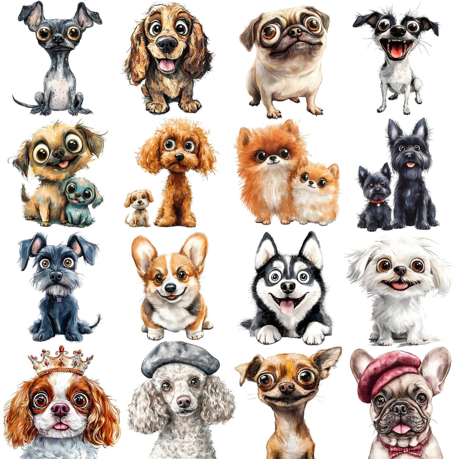 Watercolor Quirky Dogs Clipart Bundle, Whimsical Dogs Png, Funny Dogs ...